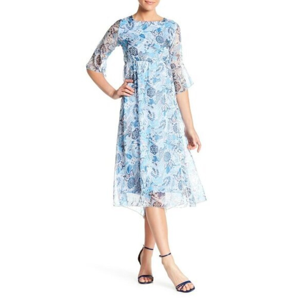 Lola Dress Blue Floral Print Sheer Chiffon Midi Dress Cocktail SZ M NWT $175